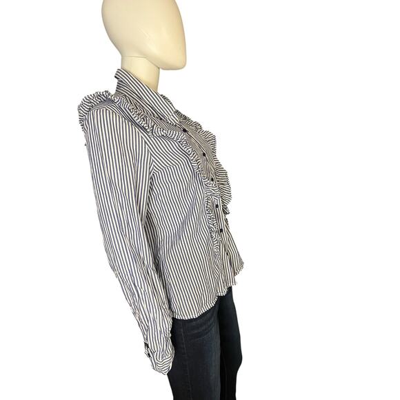 Socialite Nordstrom Blue White Striped Cotton Ruffle Button-Down Size Large - Picture 3 of 6